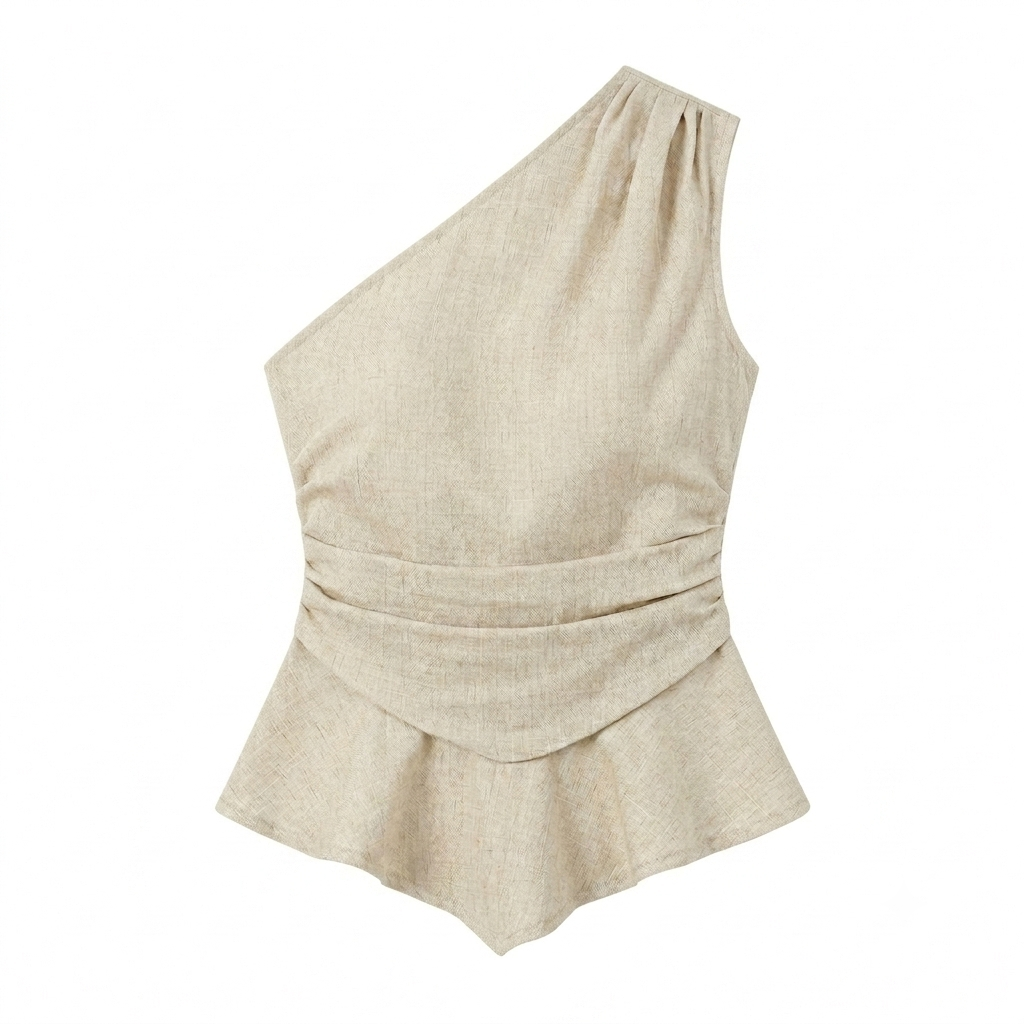 Light Apricot Slanted Shoulder Ruffled Hem Tank Top
