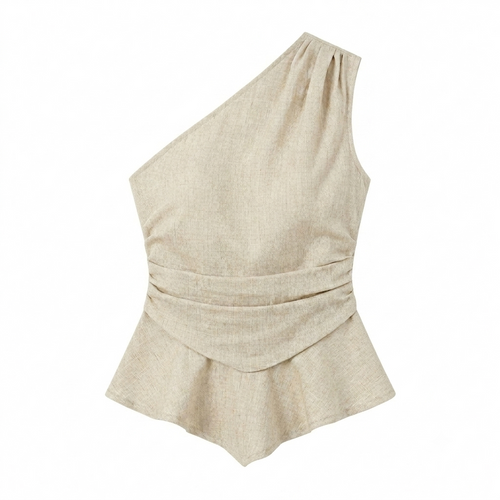 Light Apricot Slanted Shoulder Ruffled Hem Tank Top