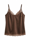 Women's Coffee Brown Satin Camisole Top Lace Trim