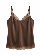 Women's Coffee Brown Satin Camisole Top Lace Trim