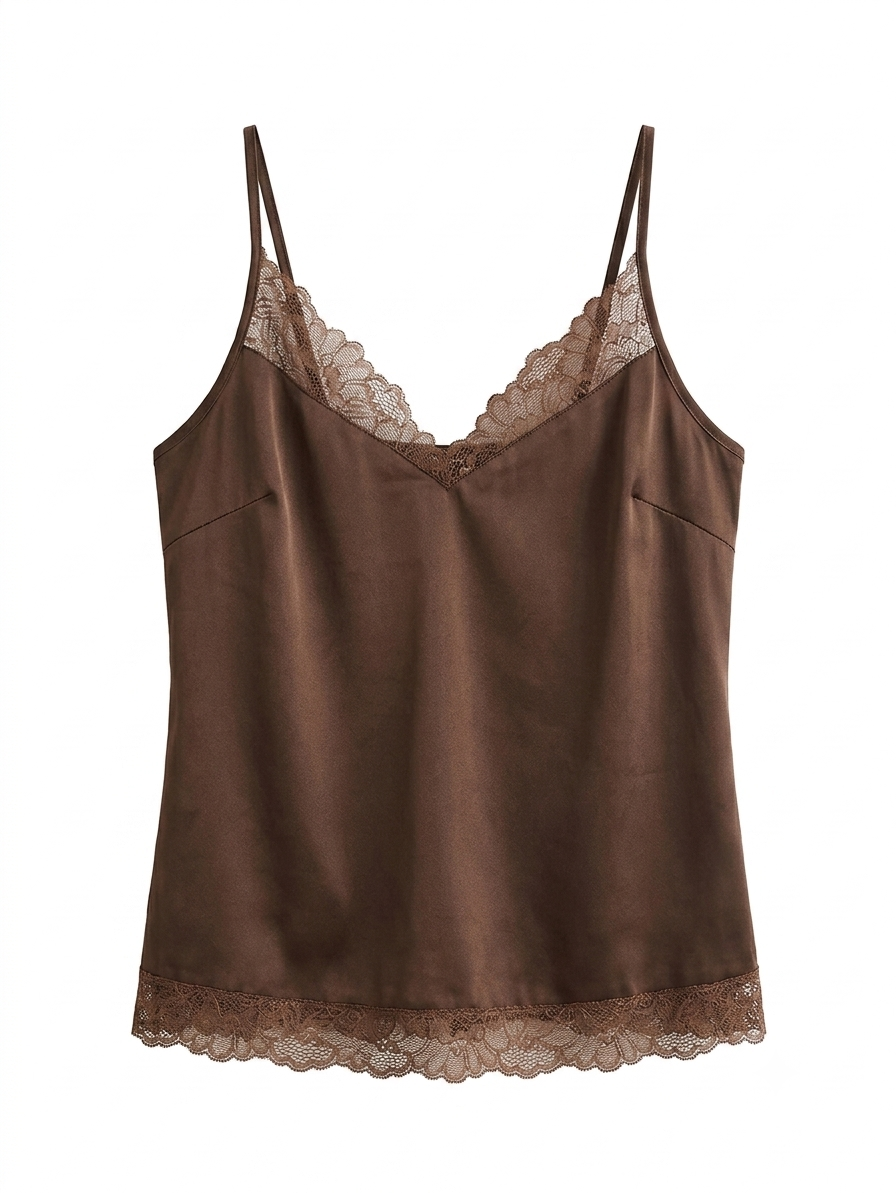Women's Coffee Brown Satin Camisole Top Lace Trim