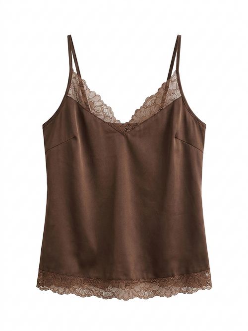 Women's Coffee Brown Satin Camisole Top Lace Trim