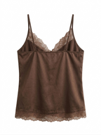 Women's Coffee Brown Satin Camisole Top with Lace Trim