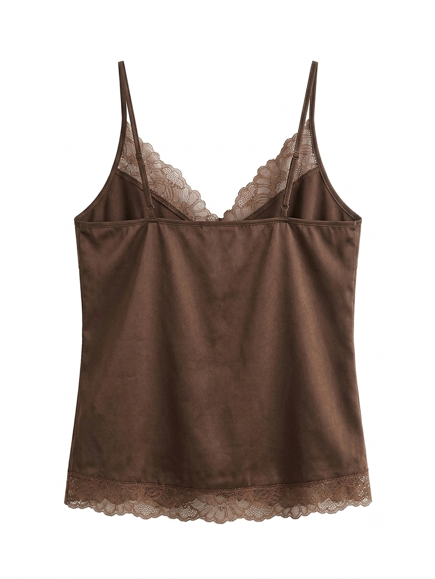Women's Coffee Brown Satin Camisole Top with Lace Trim