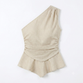 Women's Light Apricot One-Shoulder Tank Top with Pleated Waistline