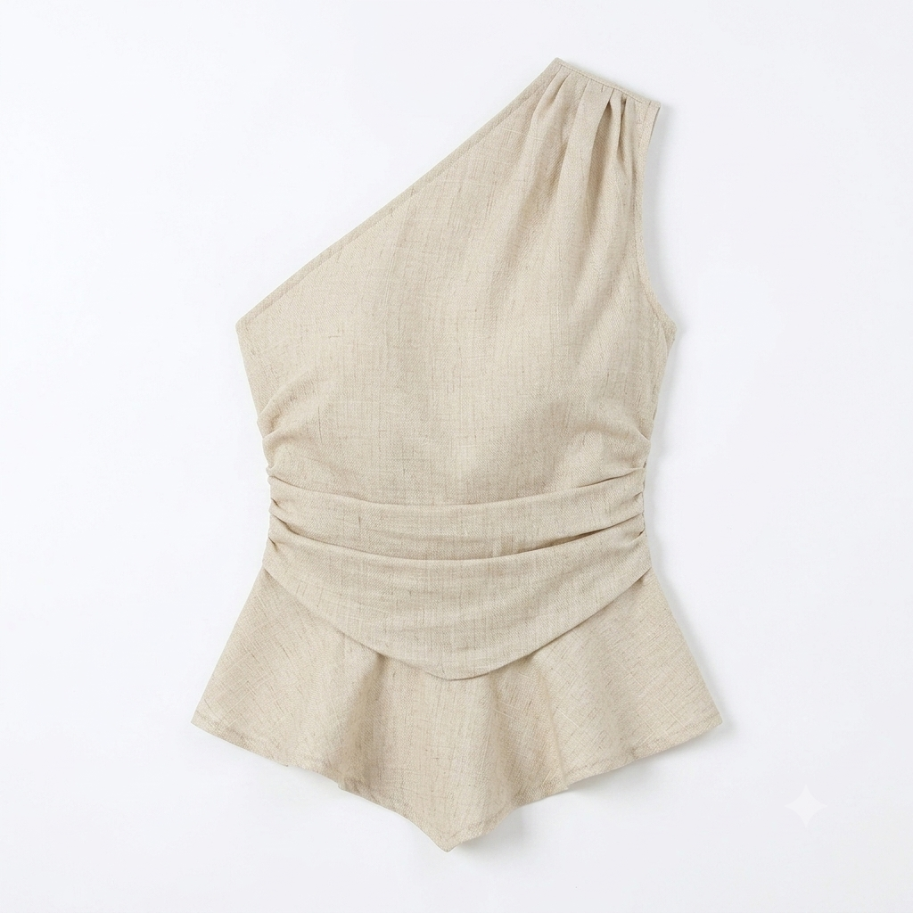 Women's Light Apricot One-Shoulder Tank Top with Pleated Waistline