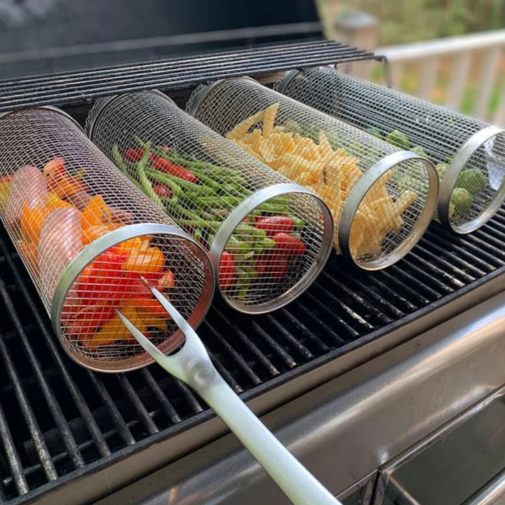 Southern Chic Rotating Rolling Barbecue Grill Basket With Locking Latch