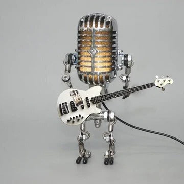 Southern Chic Vintage Robot Lamp with Guitar – Metal Microphone Musician Desk Light