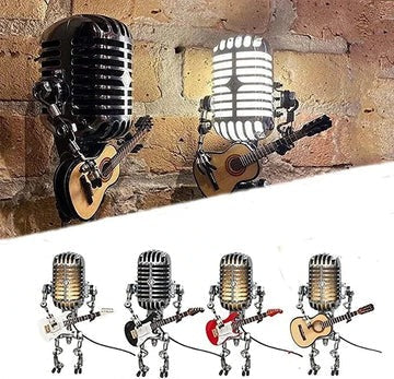 Southern Chic Vintage Robot Lamp with Guitar – Metal Microphone Musician Desk Light