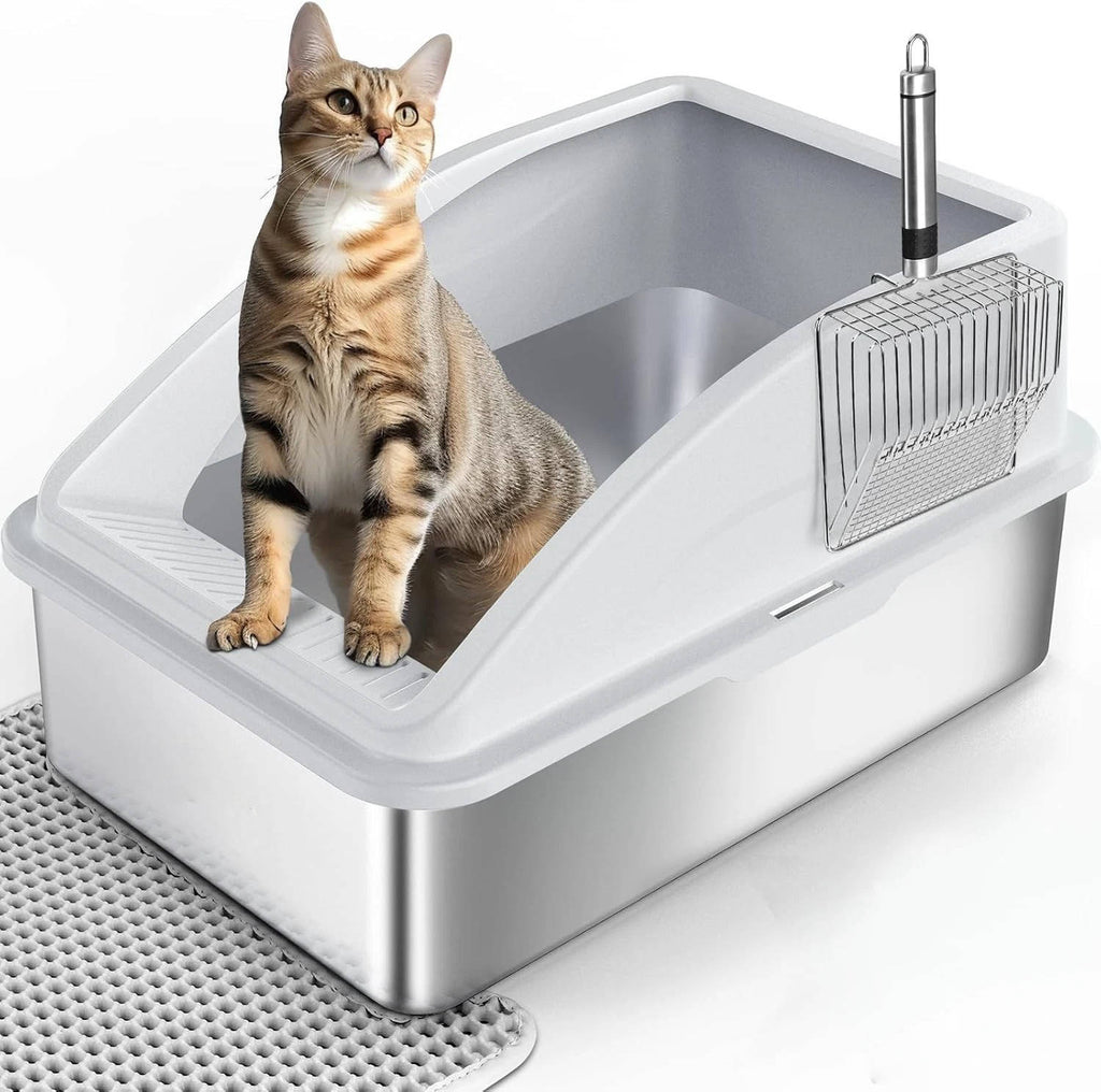 Southern Chic Stainless Steel Cat Litter Box, L Enclosed With Lid, Metal Scoop, Mat Included