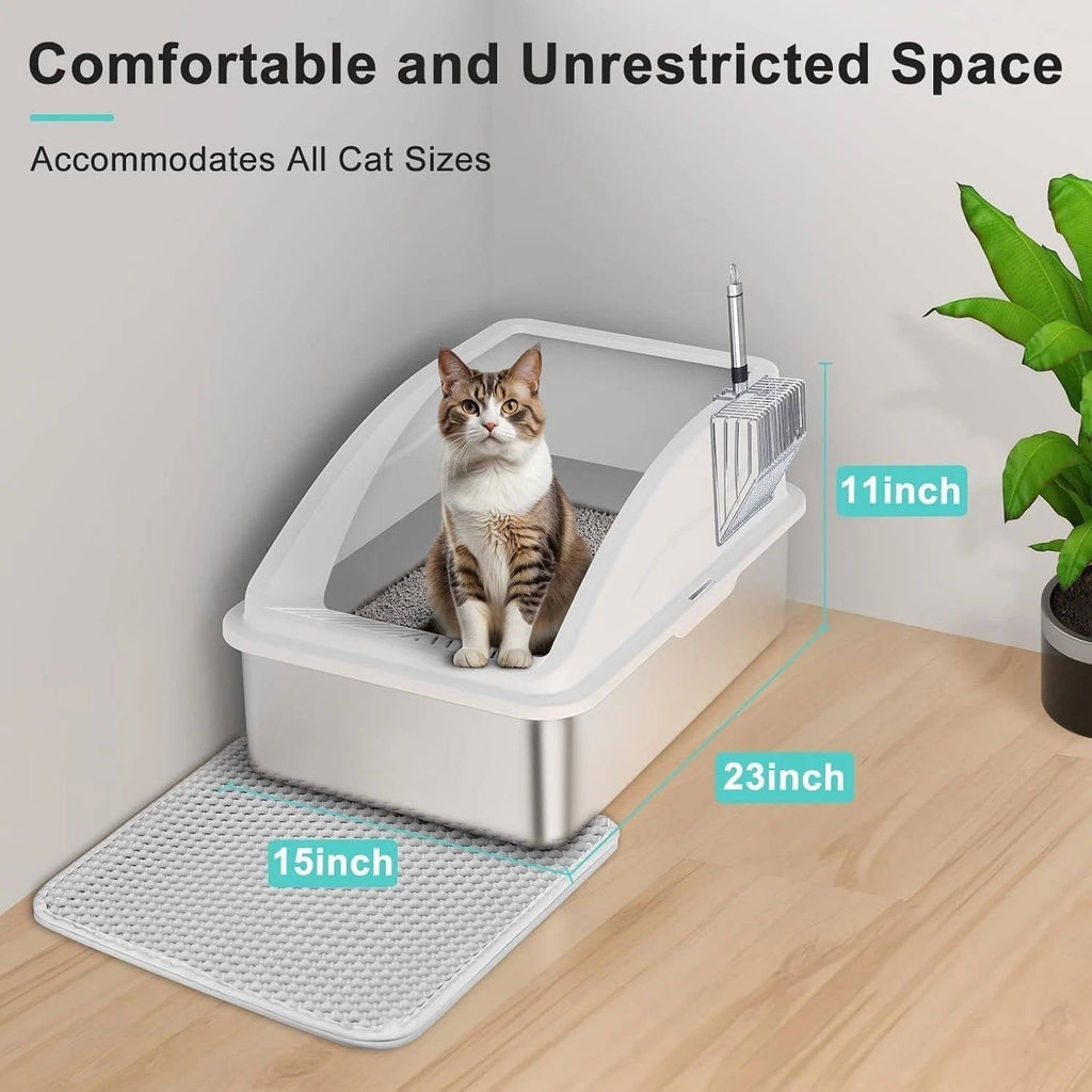 Southern Chic Stainless Steel Cat Litter Box, L Enclosed With Lid, Metal Scoop, Mat Included